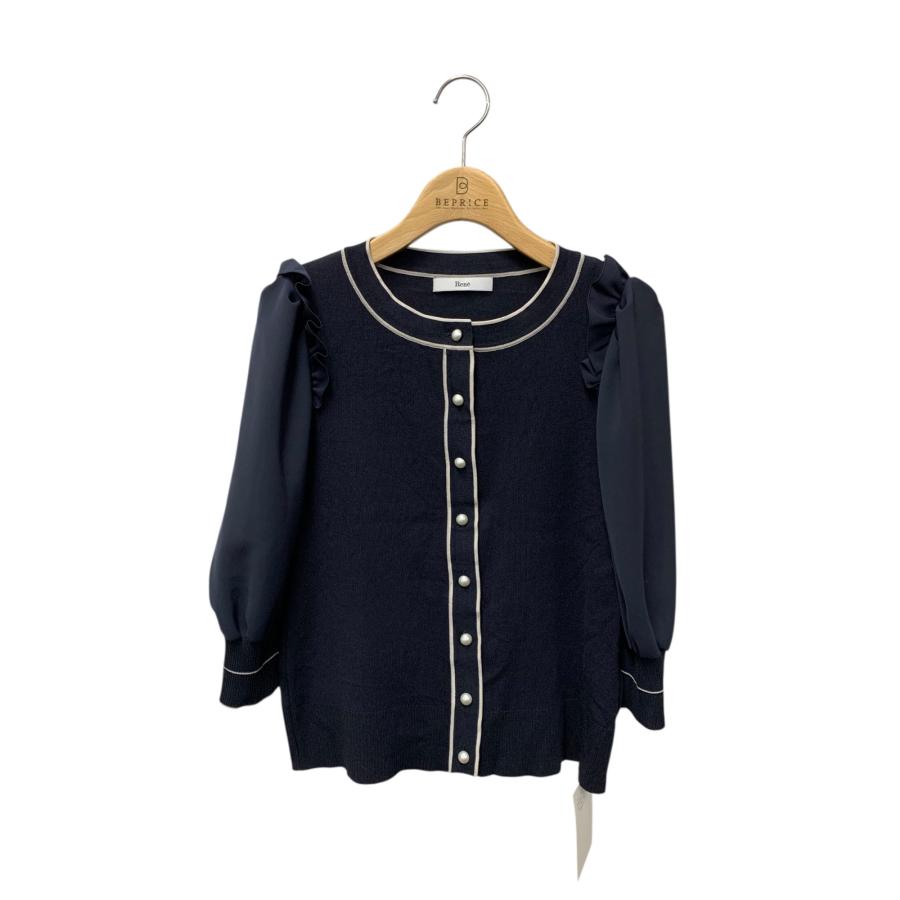 ルネ シフォンパフ袖ニットトップス 6332240 34 ネイビー パール フリル ITQW8HNOHO9A ルネ シフォンパフ袖ニットトップス 6332240 34 ネイビー パール
