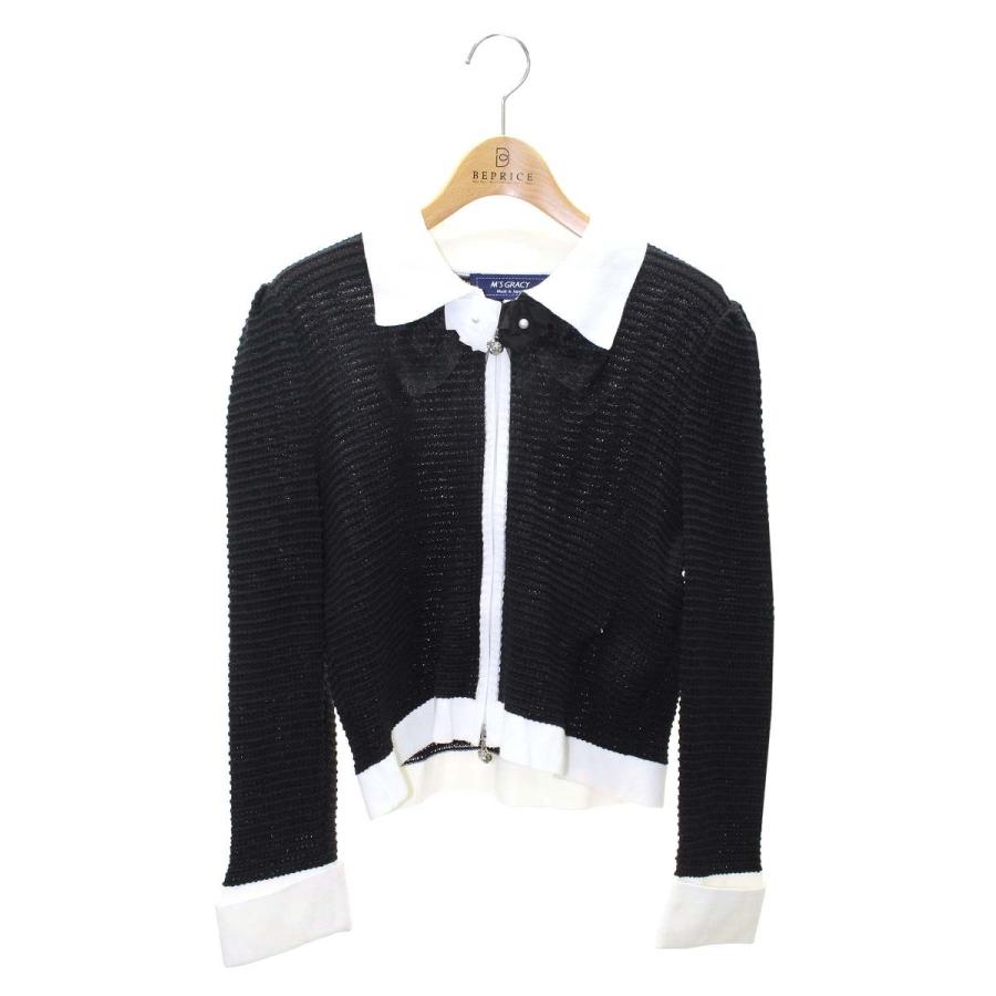 エムズグレイシー未使用黒リボン付ジップアップカーディガン 38サイズ エムズグレイシー 418124 カーディガン 38 ブラック ニット ジップ