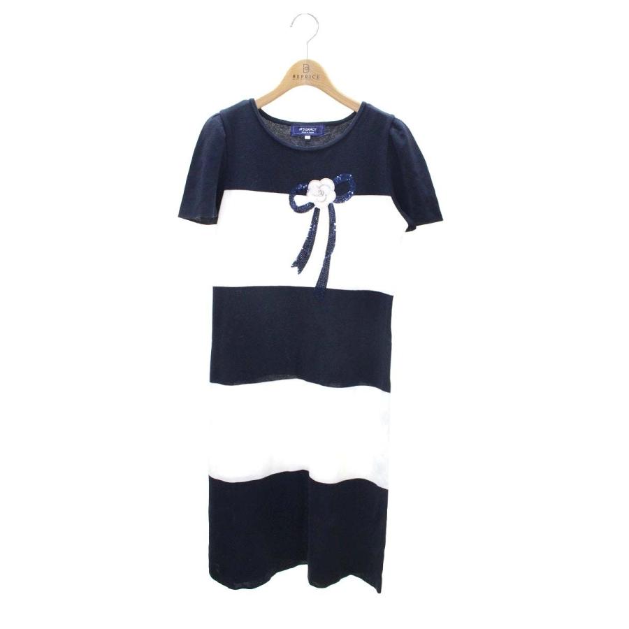 mayu様！エムズグレイシー プルオーバー フリル　リボン　ネイビー エムズグレイシー 818130 ワンピース 40 ネイビー ニット スパンコール