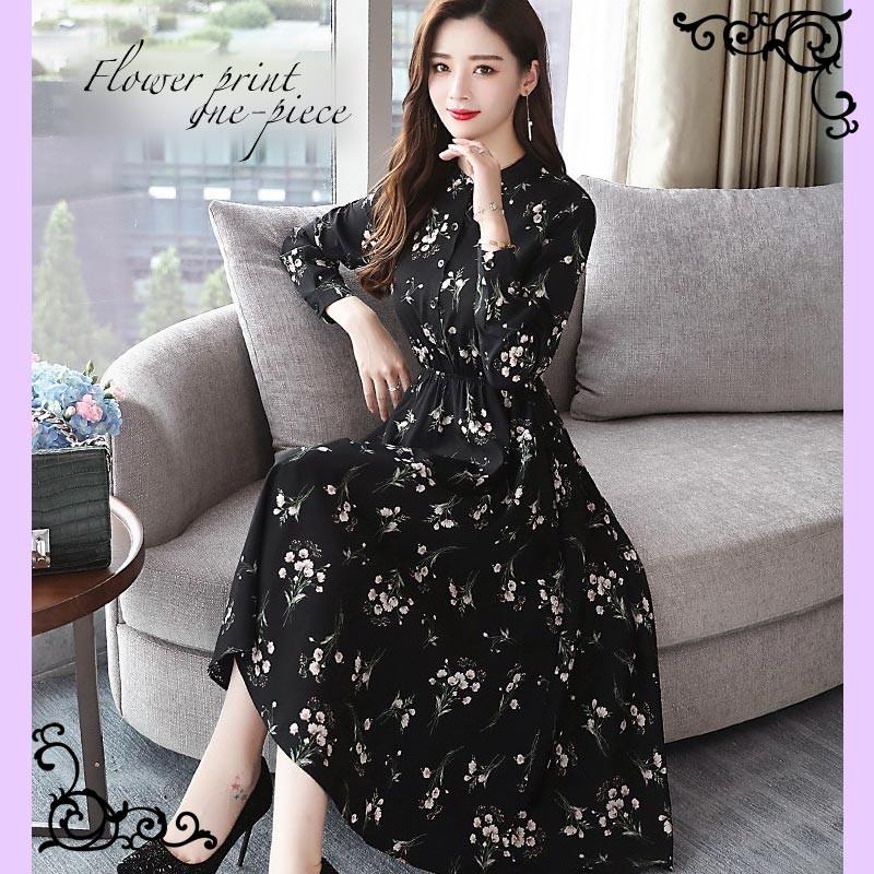 レディース スタンドカラー 花柄プリント 長袖 小さいサイズ 大きいサイズ フォーマル クラシカル ワンピース S M L Ll 3l F 1903 001 Bequem Store2号店 通販 Yahoo ショッピング