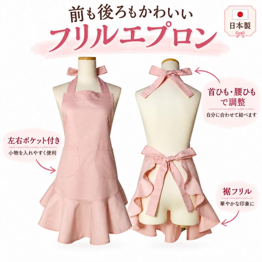美品　フリル　エプロン　ポケット　刺繍　ギャザー　タック　ミモレ丈　3L〜 フリルエプロン かわいい 日本製 レディース おしゃれ 綿100％ 無地