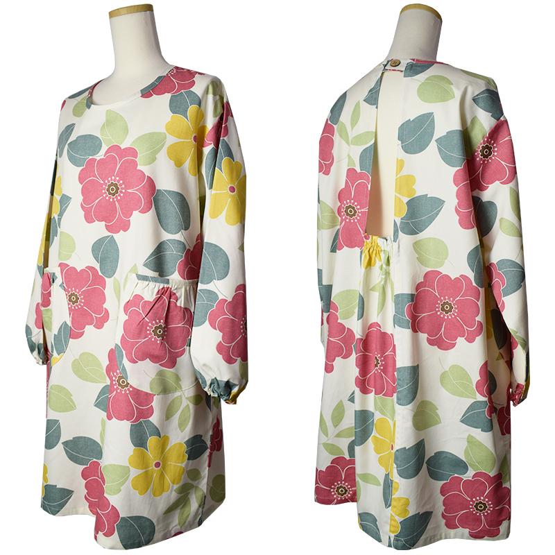 割烹着 お尻が隠れる 日本製 かぶるだけ おしゃれ かっぽう着 フラワー