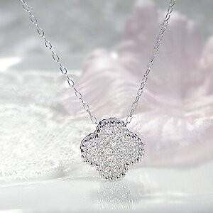 ダイヤモンド ネックレス クローバー パヴェ フラワー 花 ペンダント 四葉 18k 18金 ゴールド WG BRP-0062の画像