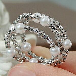 K18WG YG アコヤ パール 形状記憶 スパイラル リング 3連 ジュエリー