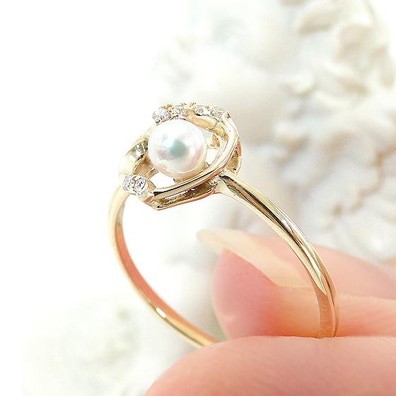 K10 WG YG PG ハート ダイヤモンド パール リング 送料無料 10金 10K  