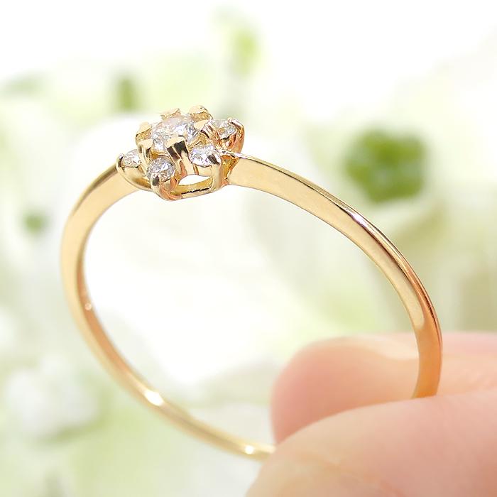 K18YG 0.12ct ダイヤモンド フラワーモチーフ リング 送料無料 18金 K18 イエローゴールド フラワー 花 0.2カラット ハート爪 指輪 人気 可愛い ダイヤ BRR-0244の画像