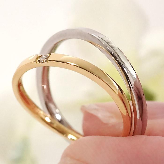 2本セット Pt950 K18YG 0.02ct ペアリング プラチナ K18 18金 セット販売 ジュエリー マリッジリング 結婚 指輪 リング ゴールド PT ダイア ウェーブ BRR-0269の画像
