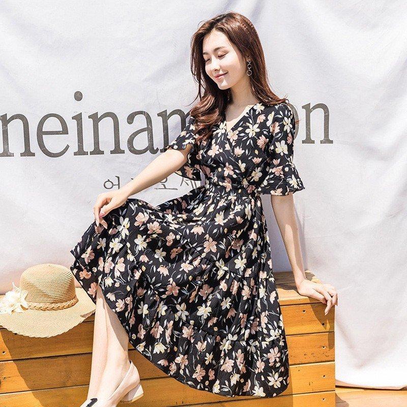 ワンピース レディース 春夏 膝丈ワンピース きれいめ 花柄 シフォン 半袖 Vネック ワンピース 結婚式 ドレス 通勤 着痩せ オシャレ 上品 ロング 格安saleスタート