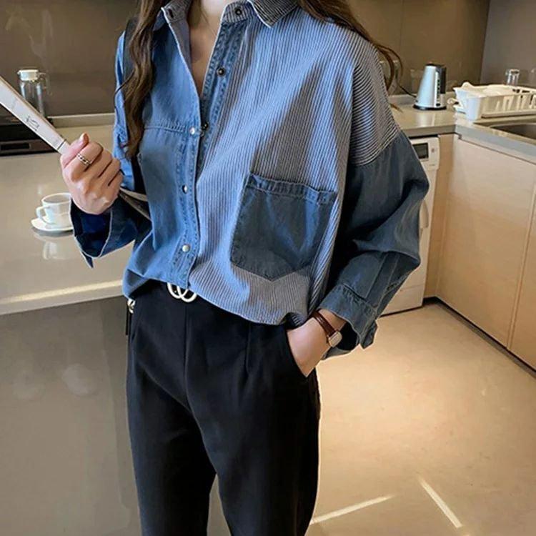 デニム ブラウス レディース きれいめ 40代 春秋 長袖ブラウス デニムブラウス おしゃれ カジュアルブラウス 大きいサイズ 通勤 韓国風 2色 熱販売