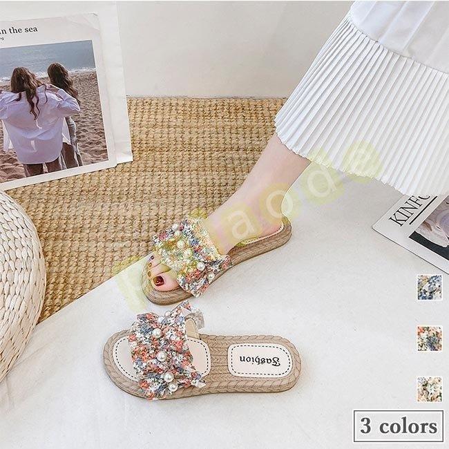 サンダルレディースミュール花柄夏スリッパビーサンフリル花柄サンダルぺったんこ滑り止めリゾート