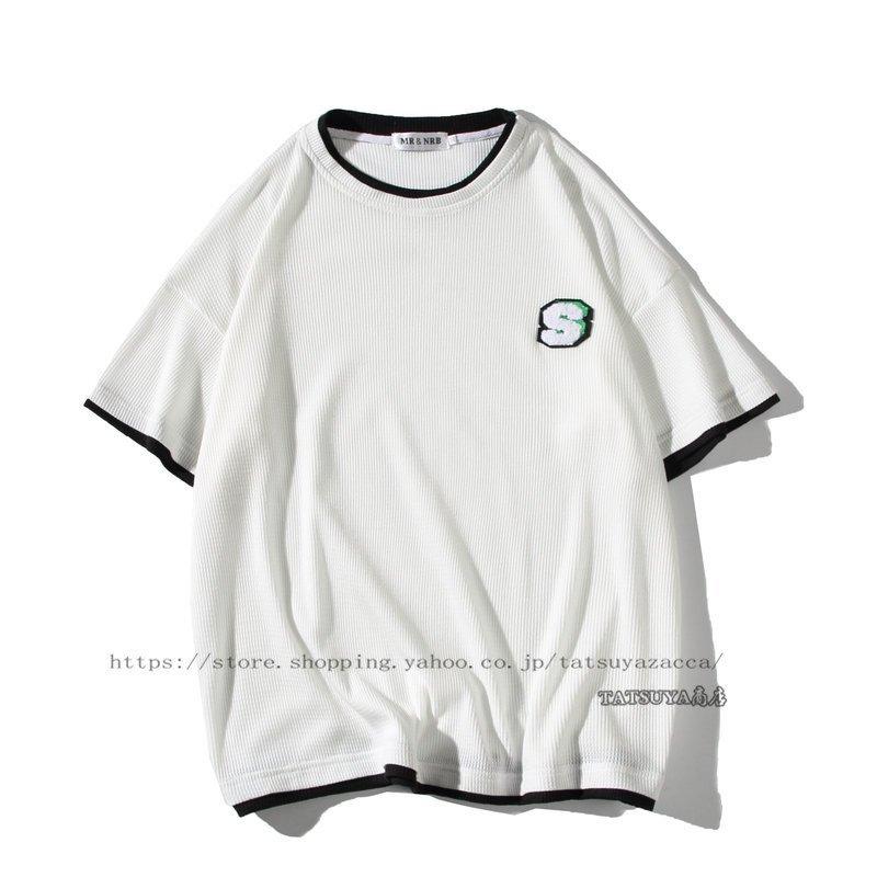 半袖tシャツメンズtシャツゆったりクールネック重ね着風おしゃれ通学春夏服カジュアル英字柄韓国服レイヤードインナーt丸首韓国ファッション 上等な