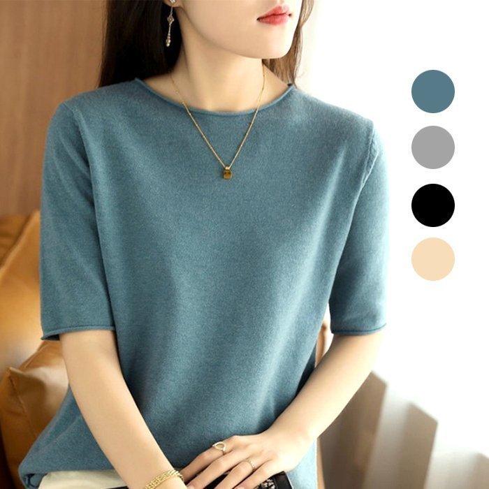 セーター ニット レディース 丸首 サマーニット 秋 春 シルエット カジュアル シンプル ストレッチ 柔らかい 薄地 無地 五