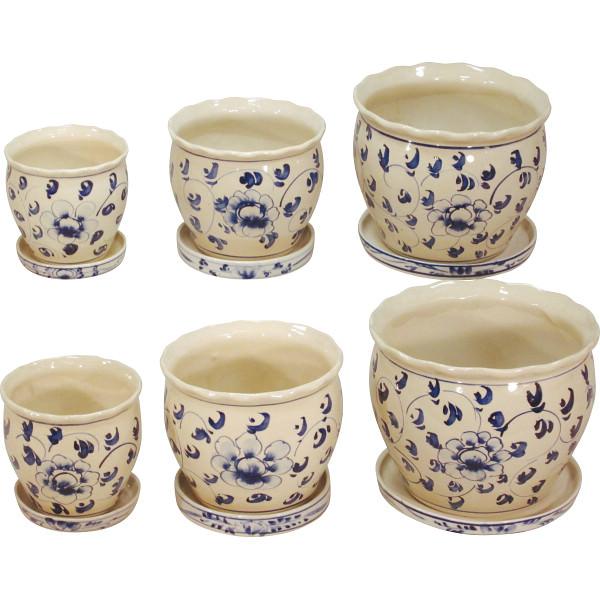 陶器植木鉢6点セット(受皿付) 花柄B インテリア ガーデニング ご自宅用