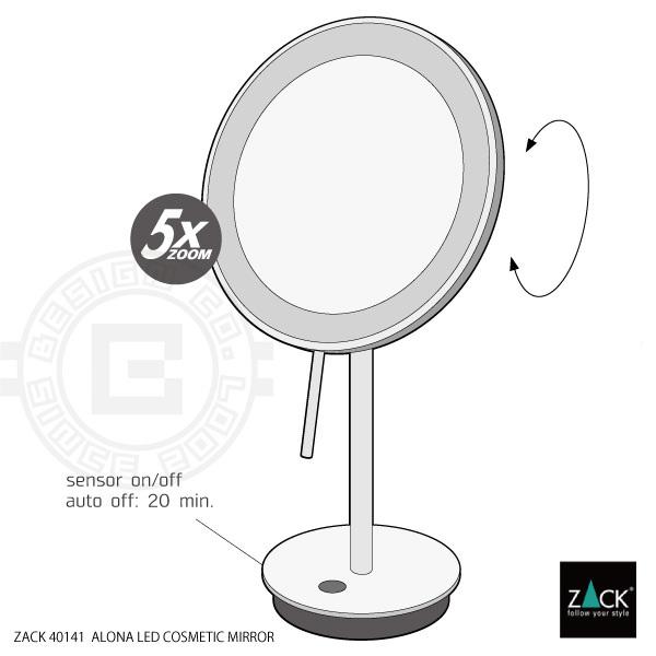 ミラースタンド（顔のサイズ） ZACK LED メイクアップミラー 5倍拡大 片面鏡 鏡 鏡面 化粧鏡 スタンド