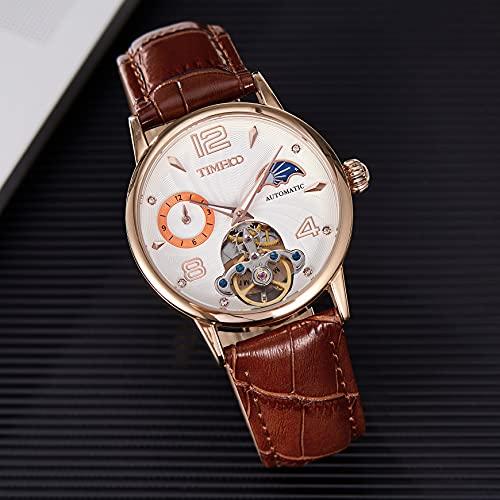 TIME100 Mens Automatic Mechanical Wrist Watches Leather Sun Moon Phrase Luxury Skeleton Luminous Hands Self-Wind Watch Rose Gold 並行輸入品｜best-importer｜04