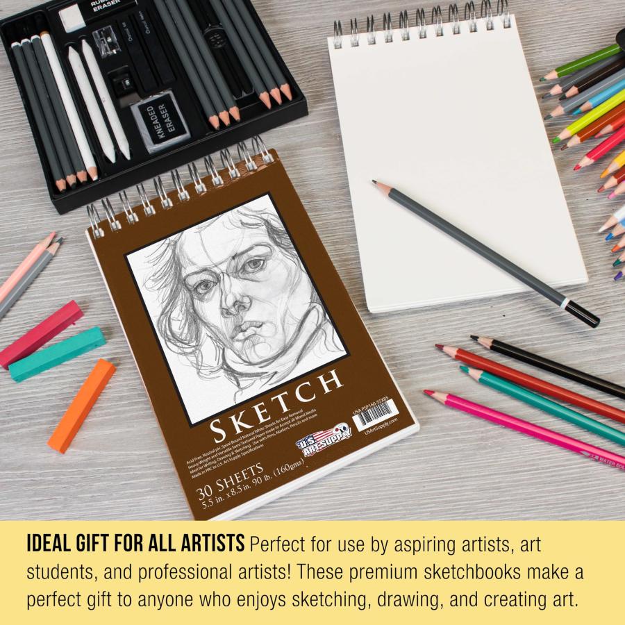 U.S. Art Supply 5.5 x 8.5 Premium Heavy-Weight Paper Spiral Bound Sketch Pad， 90 Pound (160gsm)， Pad of 30-Sheets by US Art Supply_2