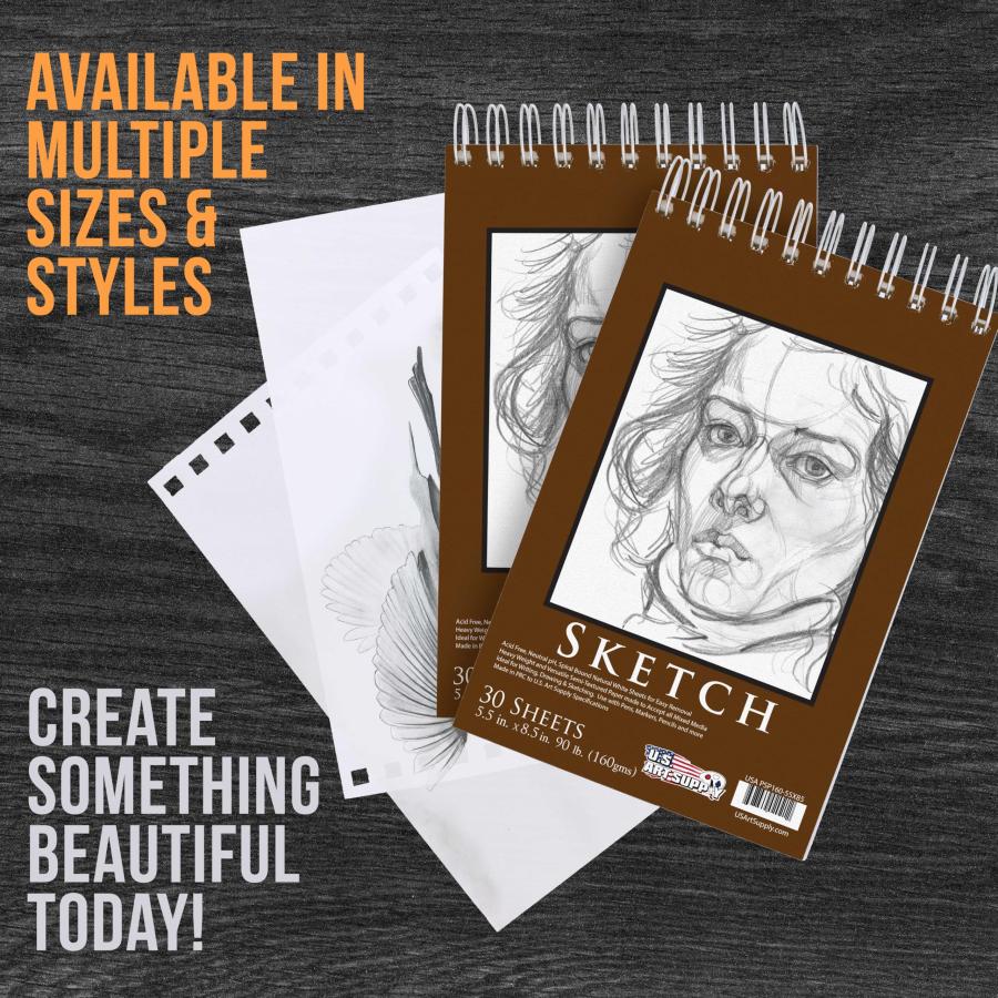 U.S. Art Supply 5.5 x 8.5 Premium Heavy-Weight Paper Spiral Bound Sketch Pad， 90 Pound (160gsm)， Pad of 30-Sheets by US Art Supply_3