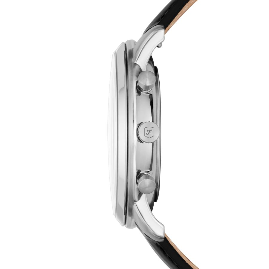 Fossil Neutra FS5452 メンズ 腕時計 44mm クロノグラフ ブラックサテン文字盤 ブラックレザーストラップ 50m防水の画像