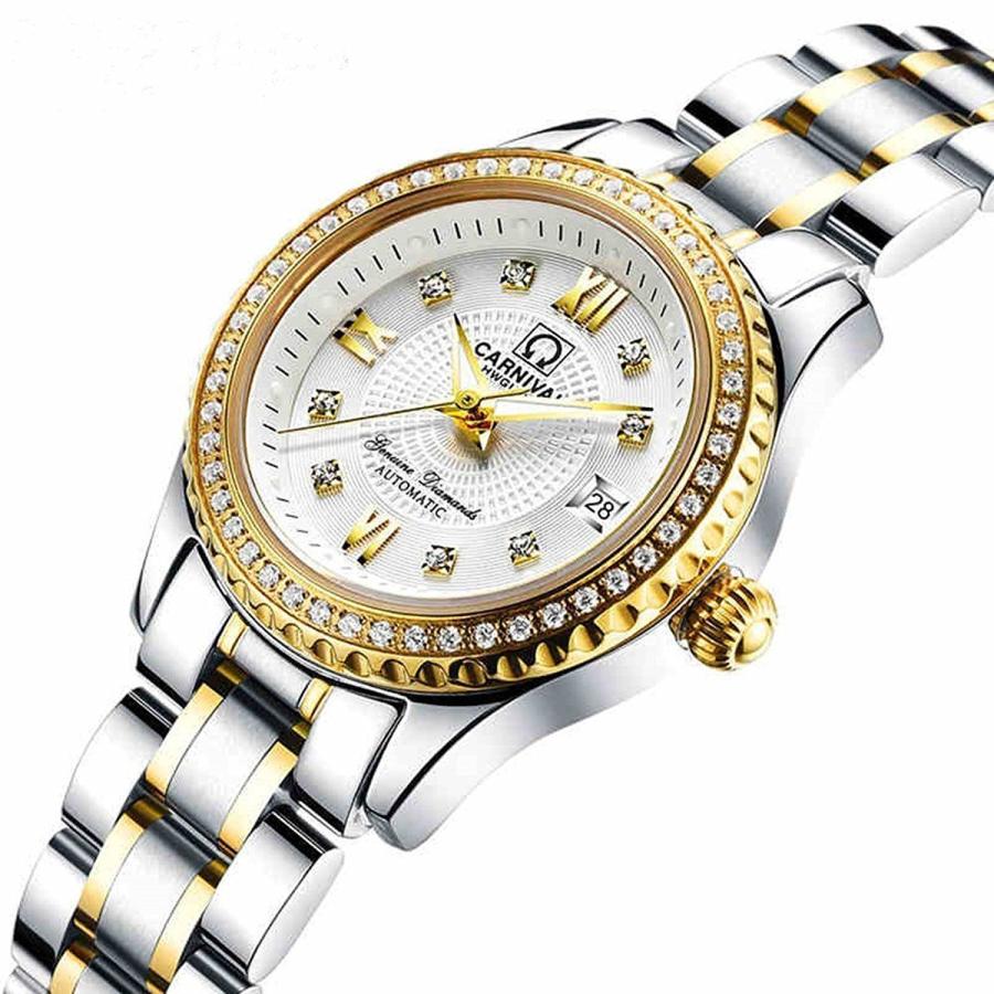 CARLIEN Couple Watches Men and Women Automatic Mechanical Watch Romantic for Her Or His Set of 2 (Silver Gold White)の画像