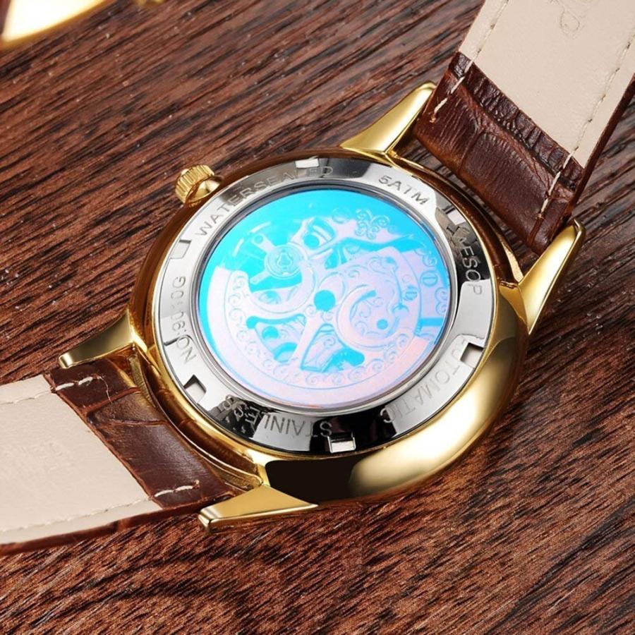 Couple自動機械腕時計サファイアガラスステンレススチールWatch彼女と彼のギフトセット 40mm ブラウンレザーの画像