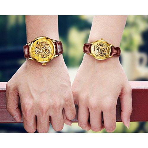 Couple自動機械腕時計サファイアガラスステンレススチールWatch彼女と彼のギフトセット 40mm ブラウンレザーの画像