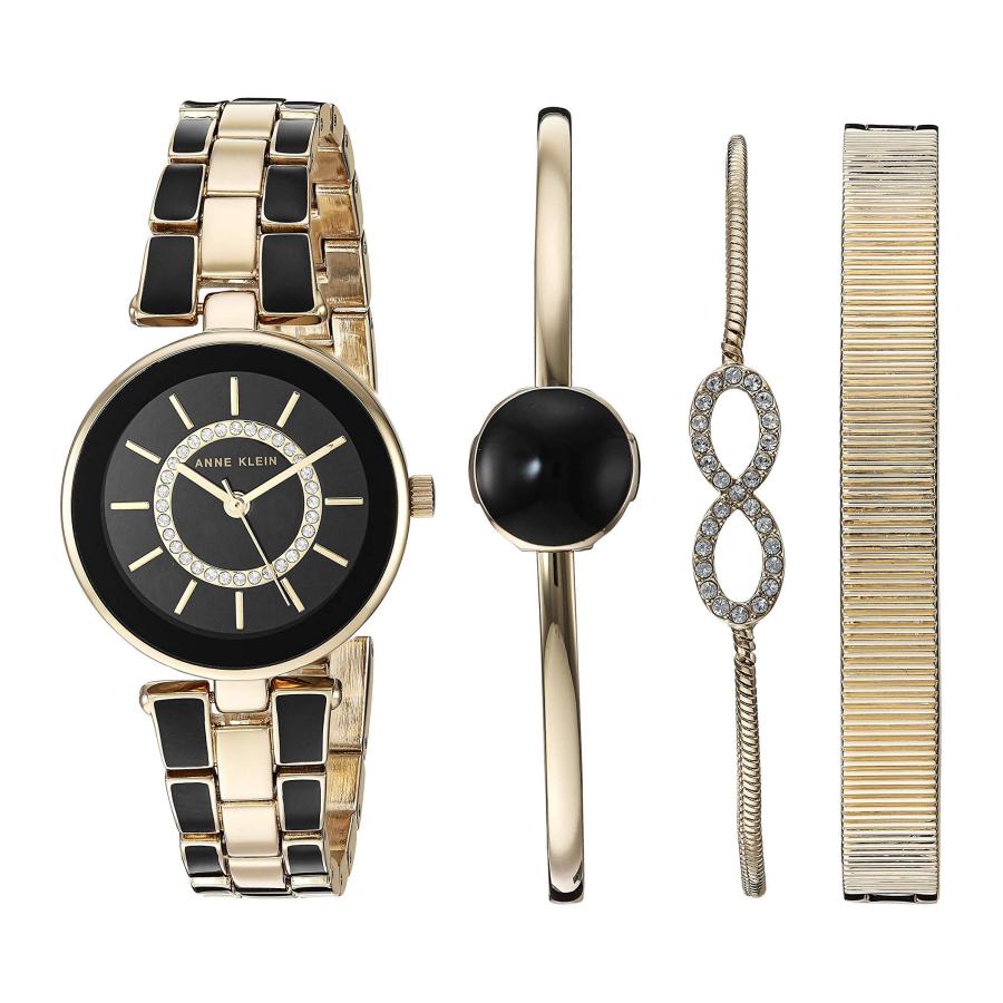 Anne Klein レディース AK/3286BKST プレミアムクリスタルアクセント ゴールドトーンとブラックウォッチとブレスレットセット, ゴールド/ブラック, AK/3286BKST