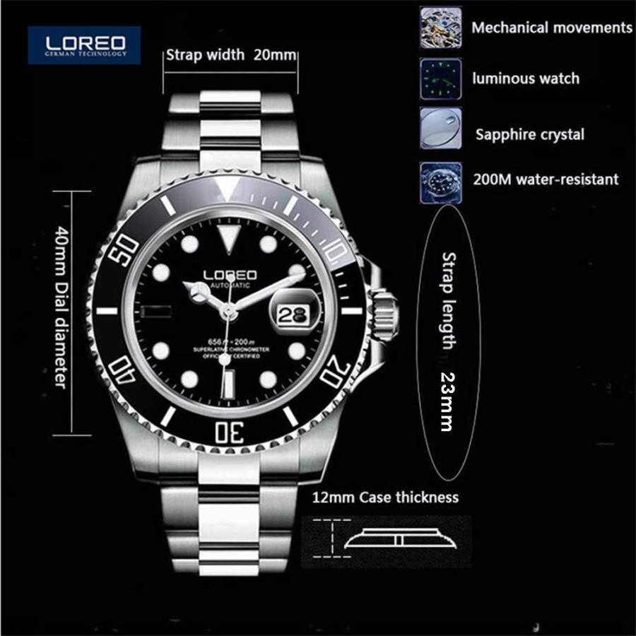 Gosasa Mens Classic Luxury 316L Stainless Steel Sapphire Glass Automatic Watch 200m Waterproof Mechanical Watch (A - Black Blue)の画像