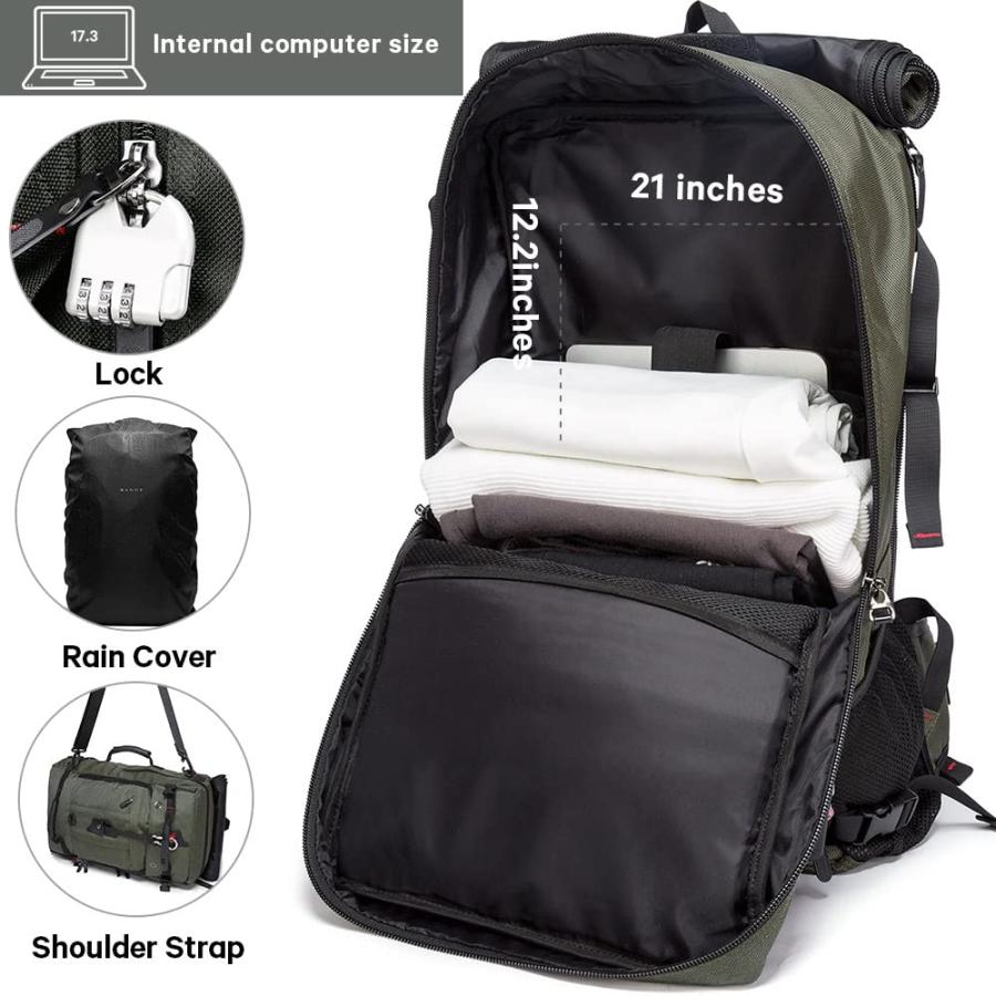 KAKA トラベルバックパック 35L キャリーオン対応 コンバーチブルダッフルバッグ 15.6インチノートPC収納 10ポケット 20.5×12×6.8インチ 男女兼用 グリーンの画像
