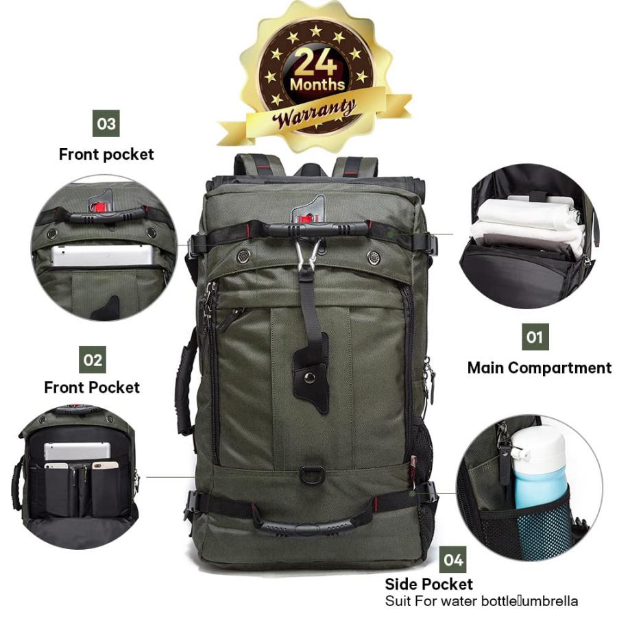 KAKA トラベルバックパック 35L キャリーオン対応 コンバーチブルダッフルバッグ 15.6インチノートPC収納 10ポケット 20.5×12×6.8インチ 男女兼用 グリーンの画像