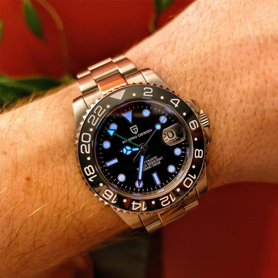 Pagani Design Men's GMT Automatic Watch Sapphire Glass Fashion Business Stainless Steel Watch (Black)の画像