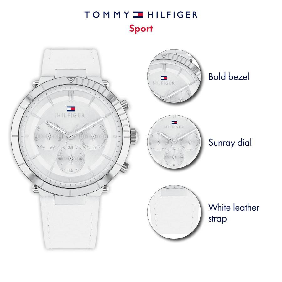 Tommy Hilfiger レディース 38mm クォーツ マルチファンクション ステンレス ホワイトレザーストラップ腕時計 曜日・日付・24時間表示 モデル1782352の画像