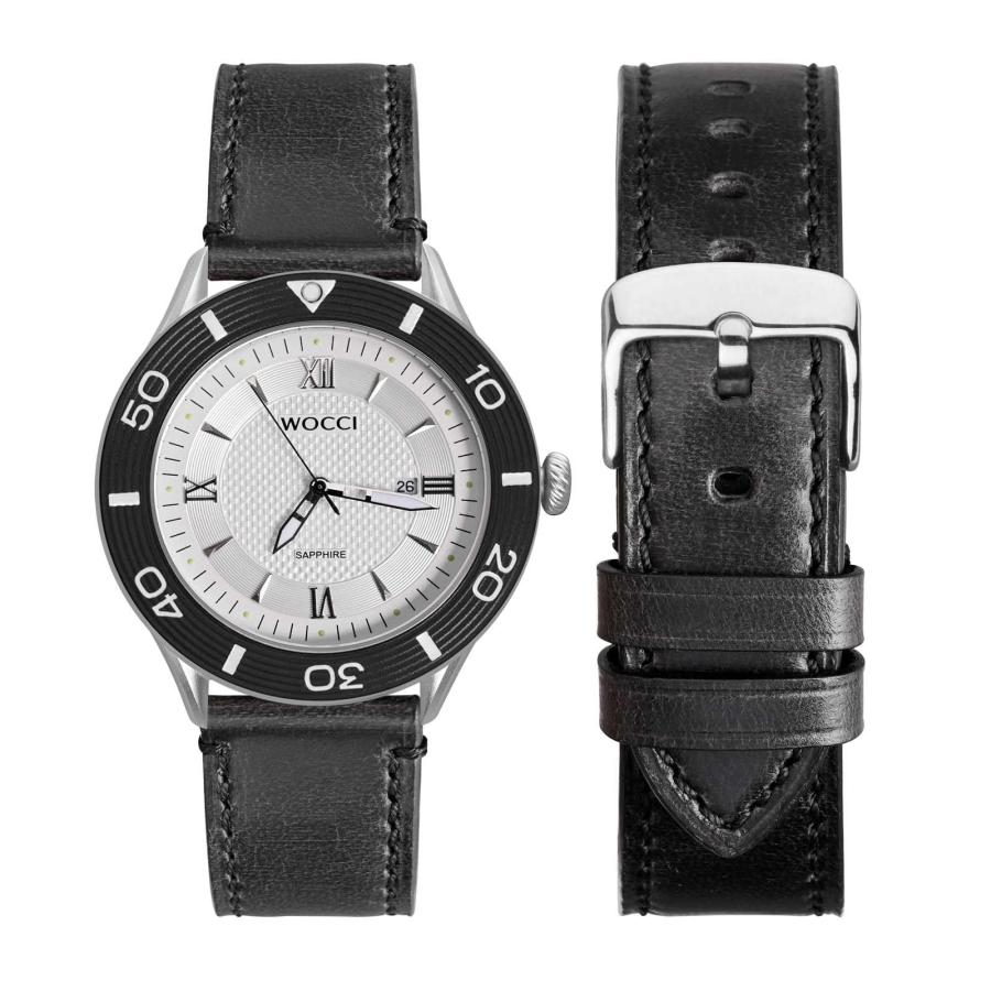WOCCI プルアップレザー腕時計バンド 20mm ブラック ポリッシュシルバーバックル ビンテージ仕上げの画像