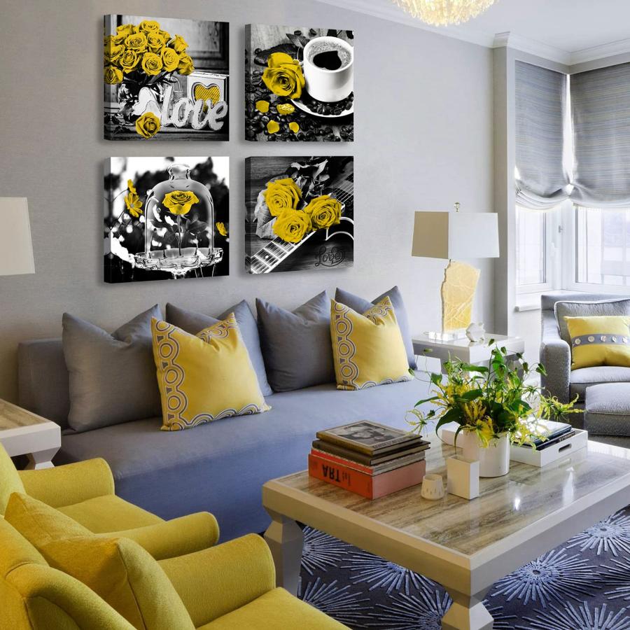 DJSYLIFE 黄色いバラの装飾 リビングルーム アート 壁 4ピース 花 絵 ポスター 装飾 アートワーク 吊り下げ 絵画 幅12インチ x 高さ12インチ x 高さ4インチ_1