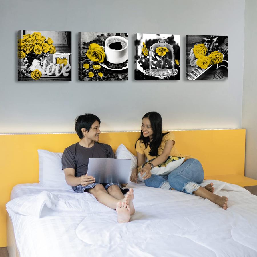 DJSYLIFE 黄色いバラの装飾 リビングルーム アート 壁 4ピース 花 絵 ポスター 装飾 アートワーク 吊り下げ 絵画 幅12インチ x 高さ12インチ x 高さ4インチ_2