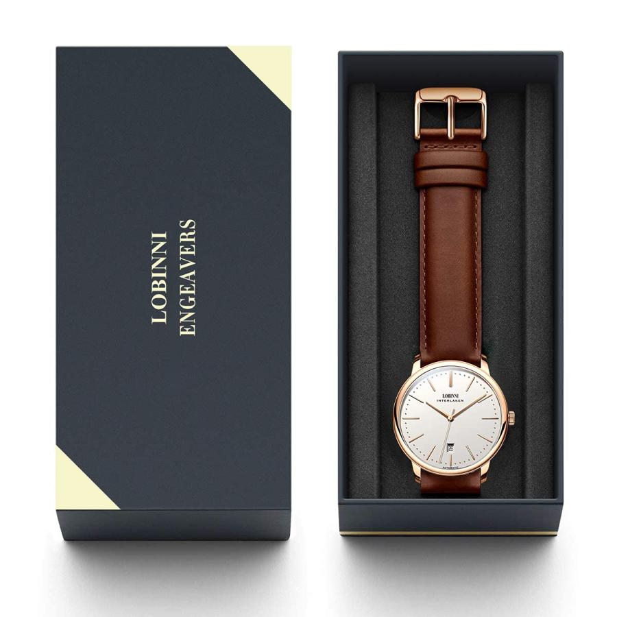LOBINNI Men's Stainless Steel Dress Mechanical Automatic Calendar Luxury Analog Watch Business (Rose-White-L)の画像