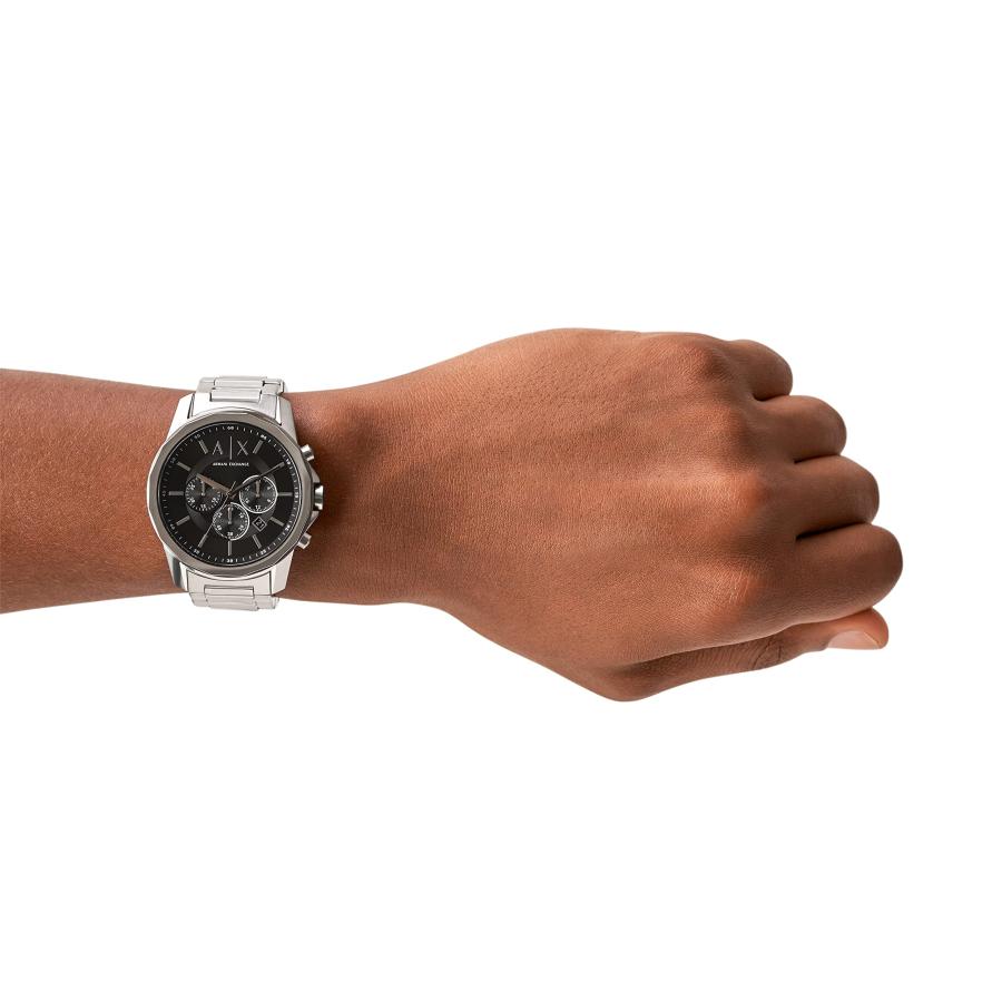 Armani Exchange メンズ クロノグラフ腕時計 44mm ブラックサンレイダイヤル シルバーインデックス ステンレスブレスレットの画像