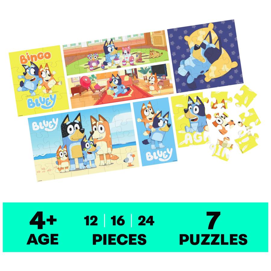 Bluey(ブルーイ) 木製パズル ジグソーパズル7点セット 12ピース 16ピース 24ピース イージーカートゥーン ディズニー ジュニア ショー 収納トレイ付き 対象年齢4