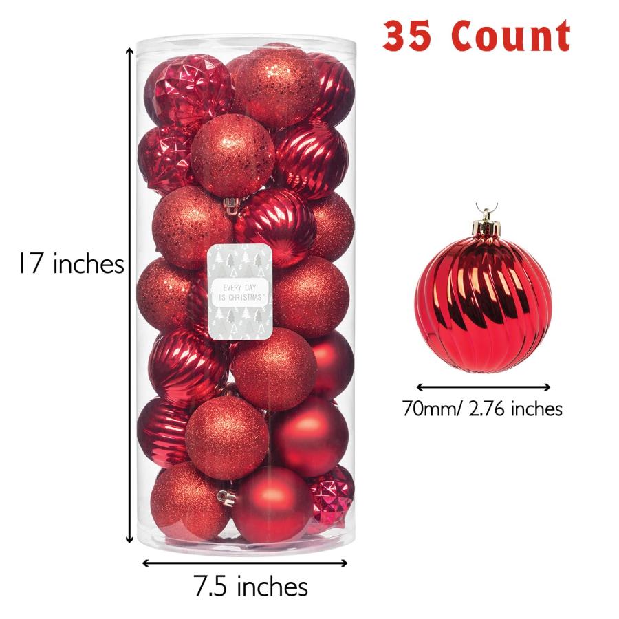 Every Day is Christmas オーナメント 飛散防止 クリスマスツリーオーナメントセット クリスマスボール デコレーション 35個 (2.75インチ/70mm、ニューレッド)_1