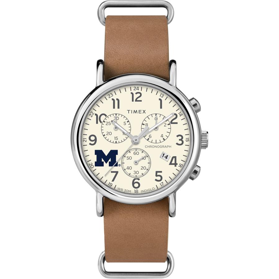 Timex Tribute メンズ カレッジウィークエンダー クロノ 40mm 腕時計 ミシガン・ウルヴァリンズ タン本革ストラップ 30分クロノグラフ