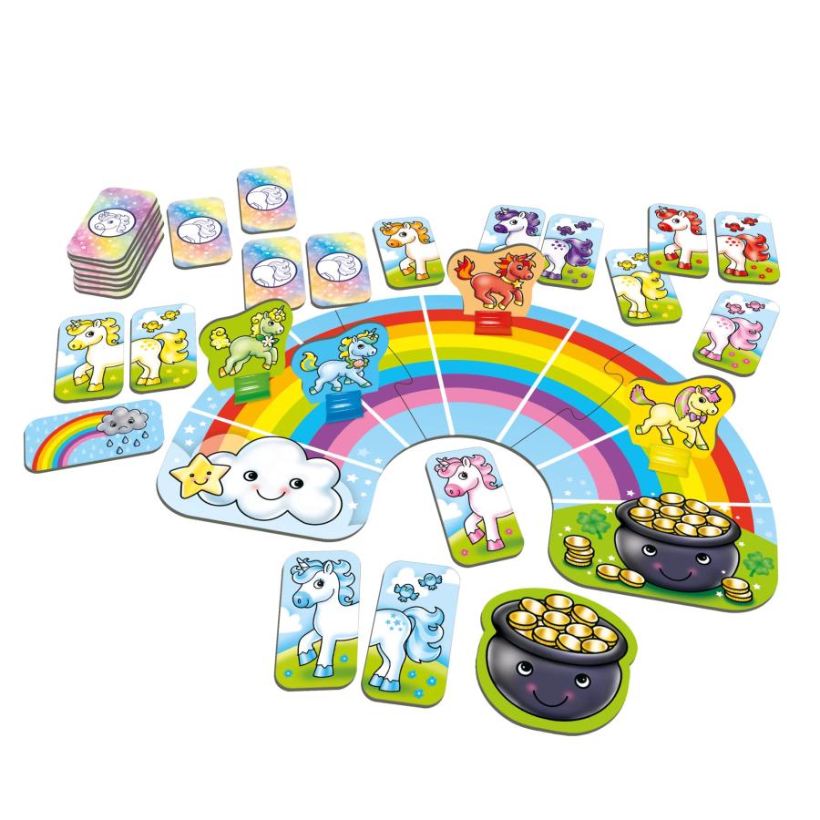 ORCHARD TOYS ヘラジカゲーム レインボーユニコーンゲーム。この魔法のような楽しいカラーマッチングゲームで、レインボーの上でユニコーンを金のポットに競いかの画像