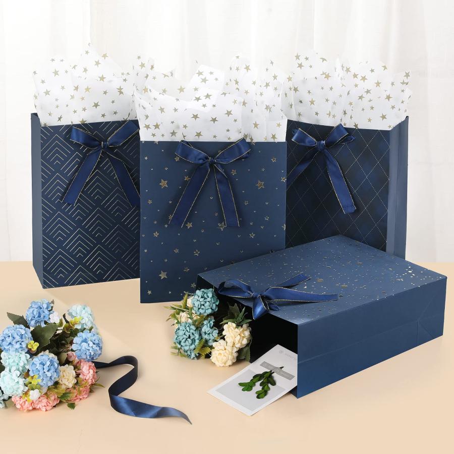 ブルーギフトバッグ 23×18×10cm ゴールドティッシュペーパー付き 4枚セット