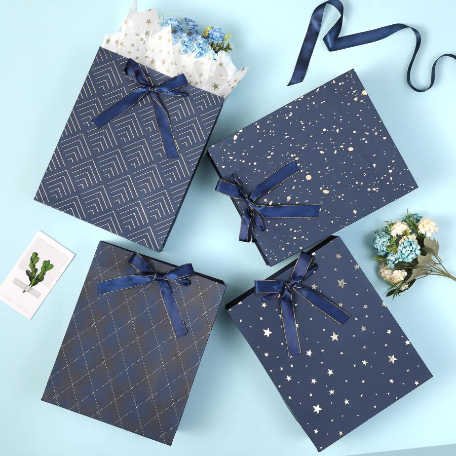 ブルーギフトバッグ 23×18×10cm ゴールドティッシュペーパー付き 4枚セット
