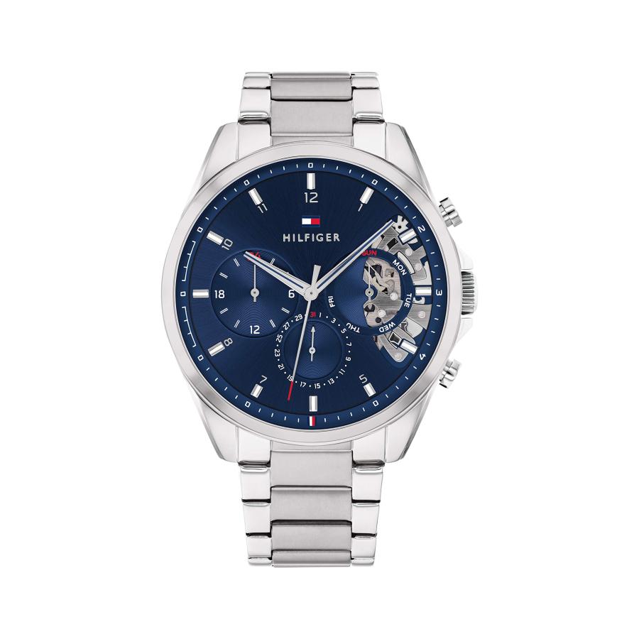 Tommy Hilfiger メンズ ドレスウォッチ クォーツ 44mm スケルトン文字盤 ステンレススチールリンクブレスレット マルチファンクション