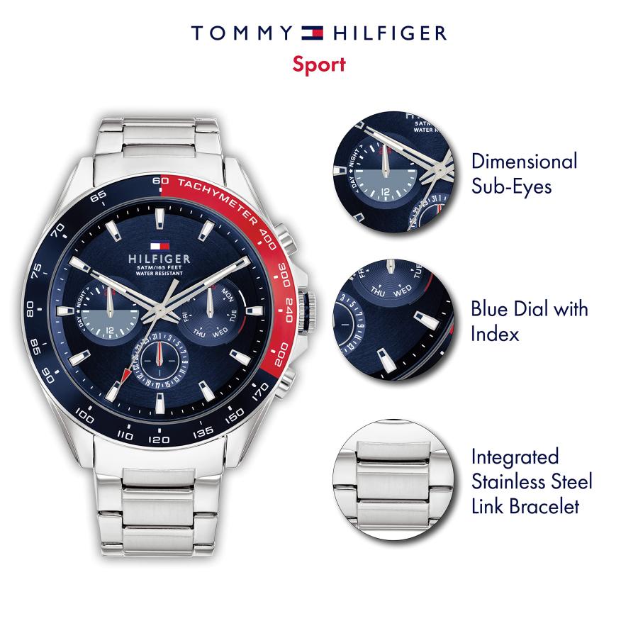 Tommy Hilfiger メンズ クォーツ 1791968 46mm 腕時計 ステンレスブレスレット レッド／ブルーベゼル ブルーダイヤル 曜日・日付表示の画像