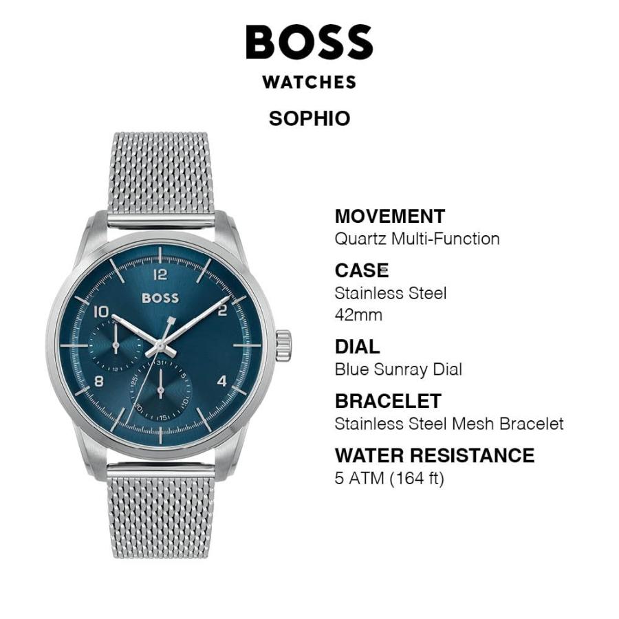 BOSS Sophio メンズ マルチファンクション 1513942 42mm 腕時計 ステンレスケース メッシュブレスレット ブルーサンレイダイヤル デュアルタイムの画像