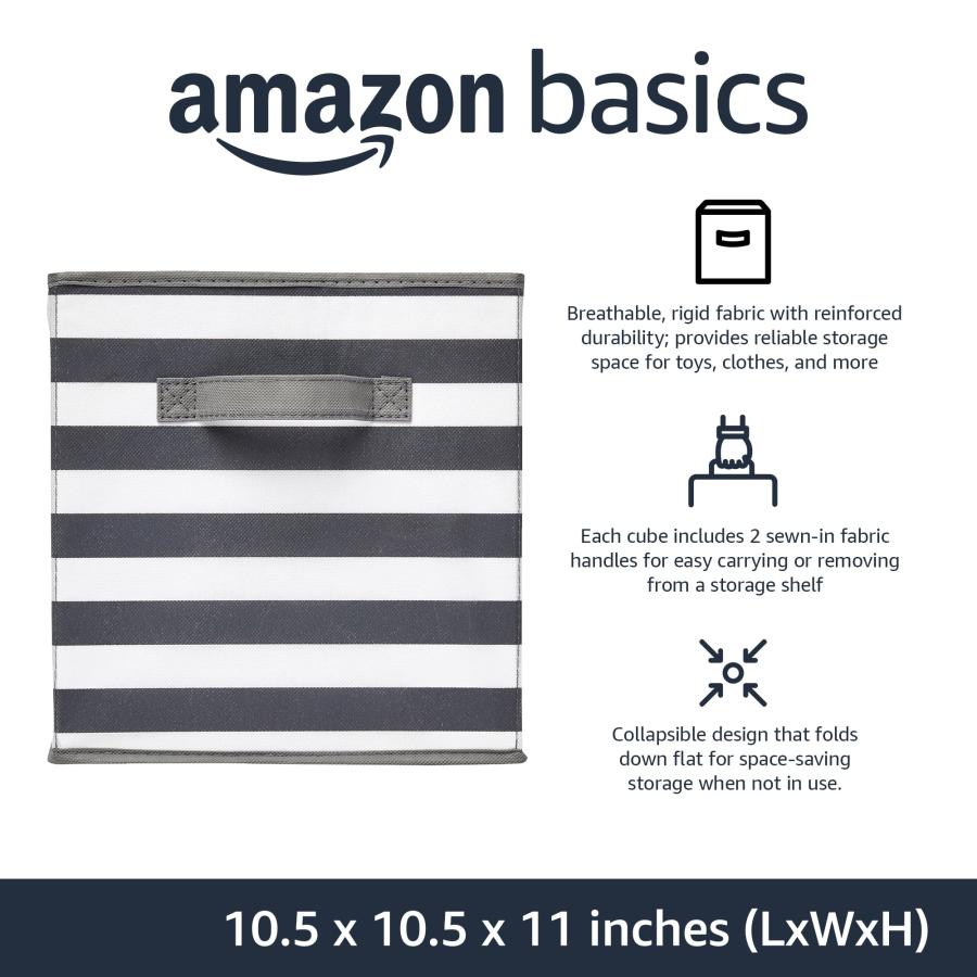 Amazonベーシック 収納ボックス 折りたたみ式 持ち手付 布製 ホワイト/グレーストライプ 27×27×28cm_1