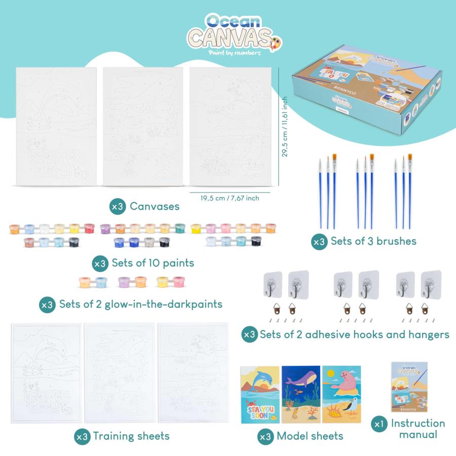 BONNYCO Paint by Numbers Kit for Kids Sea Animals Pack 3 Canvas. Paint by Number Canvas Framed, Ocean Gifts for Kids. Arts and Crafts 4-6 8-12, Pintar_1