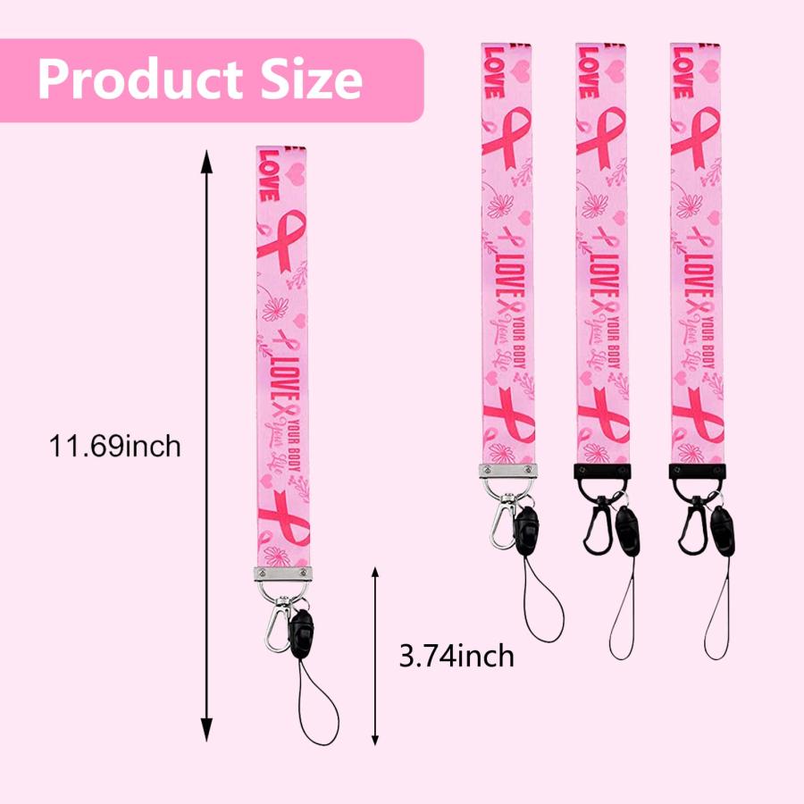 WANDIC Pink Breast Cancer Awareness Lanyards, 4 Pcs Soft ＆ Silky Pink Ribbon Hand Strap Lanyard Detachable Breakaway Buckle for Key Chain ID Badge Hoの画像