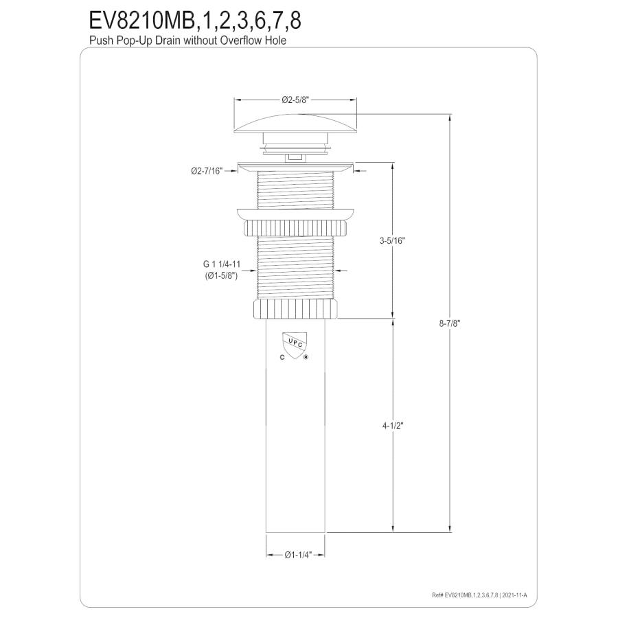 Fauceture EV8217 Kingston Coronel プッシュポップアップ式バスルームシンク排水口 オーバーフローなし つや消し真鍮