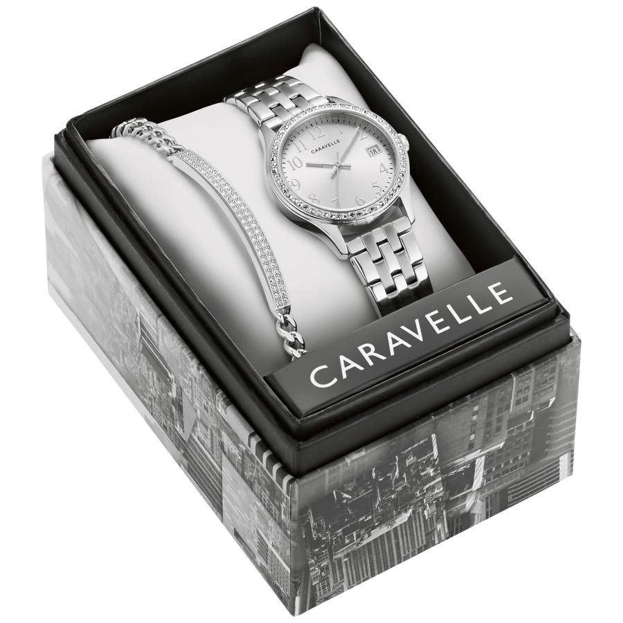 Caravelle by Bulova レディースクラシッククリスタルアクセントウォッチとブレスレットギフトセット、3針日付クォーツ。, ステンレススチール, クラシックなクの画像